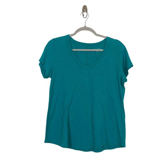 Eileen Fisher Teal Organic Cotton V-Neck Short Sleeve Tee Shirt Sz XS Minimalist - Picture 1 of 6